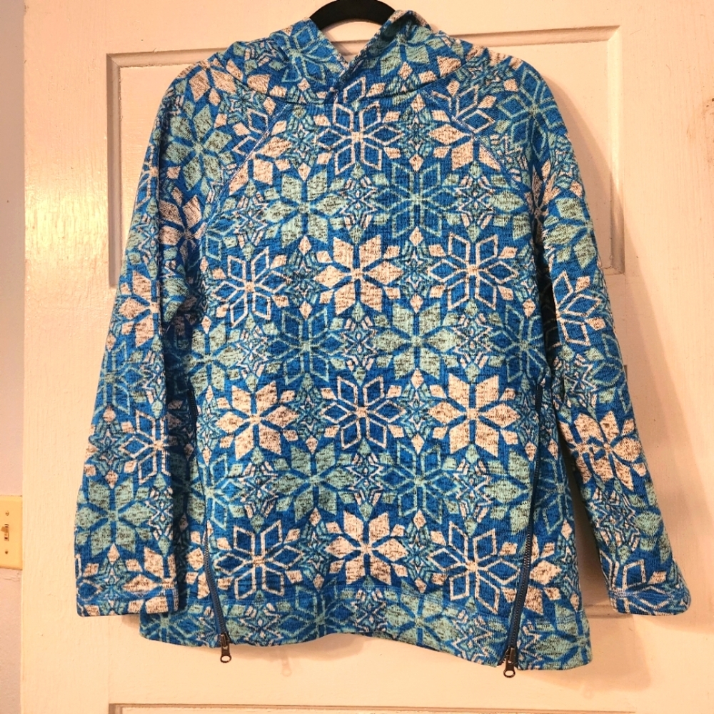 𝅺Talbots Fleece Hoodie Jacket, Blue Snowflake, Fair Isle, Sz Med EUC Nordic Cozy